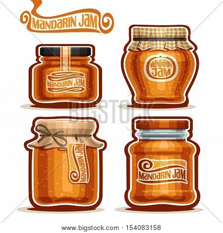 Vector logo Mandarin Jam in Jars with paper cover lid, rustic Pot home made mandarin jams, twine rope bow, set homemade fruit jam jar, farm jelly pot with label, checkered cloth cap, isolated on white