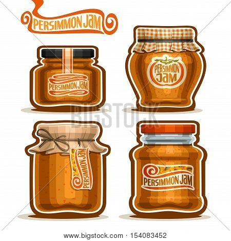 Vector logo Persimmon Jam in Jars with paper cover lid, rustic Pot home made persimmon jams, twine rope bow, homemade fruit jam jar, farm dessert pot with label, checkered cloth cap, isolated on white