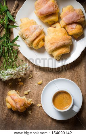 Breakfast To Bed With Hot Coffee And A Croissant