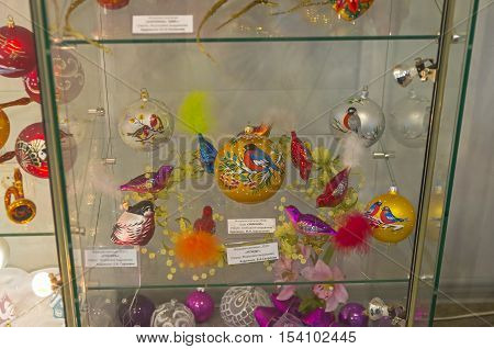 KLIN RUSSIA - JANUARY 16 2016: Museum of Christmas toys. Christmas toys in the form and with the image of the birds.