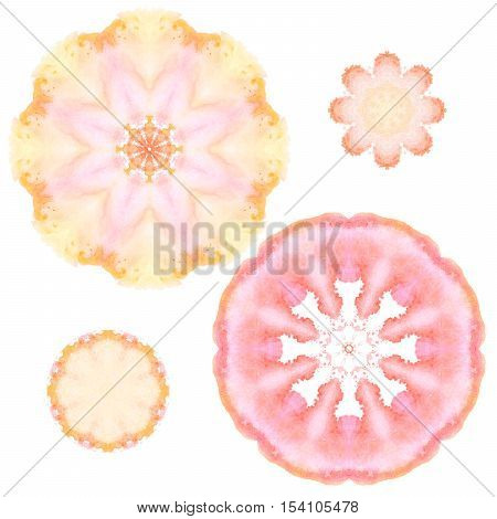 Set of hand drawn watercolor mandala patterns. Beautiful gentle pink and yellow geometric colorful watercolor mandalas