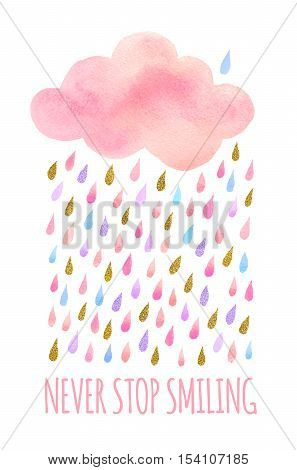 Cute pink watercolor cloud with rain. Set of watercolor objects isolated on white background for your design: textile fabric postcard invitation.
