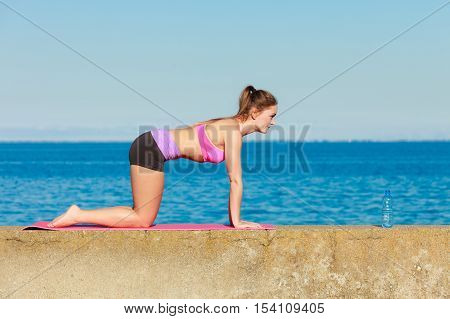 Sports and activities concept. Slim fit attractive woman exercising stretching outdoor. Young motivated girl training in sporty clothes.