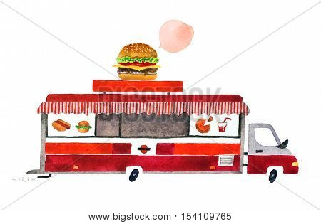 Beautiful cartoon food track isolated on white background. Hand drawn watercolor food truck for your design.