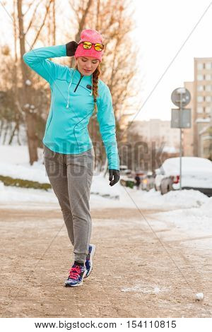 Girl Taking Morning Walk In Winter