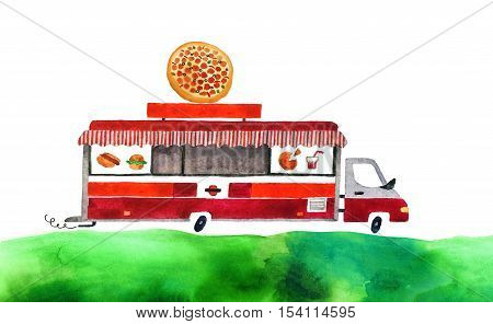 Beautiful cartoon food track isolated on white background. Hand drawn watercolor food truck with green grass for your design.