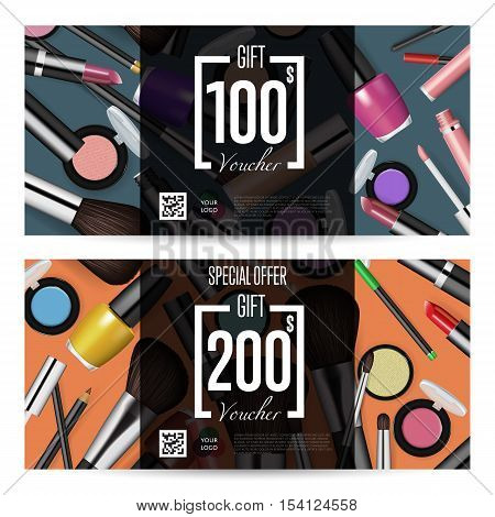 Special offer coupon or gift voucher. Cosmetic voucher layout. Fashion voucher. Cosmetics product sale voucher. Promo voucher. Design of voucher. Promo coupon or voucher. Voucher. Cosmetic voucher template vector. Gift voucher layout or discount voucher.