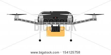 Drone aircraft isolated on white background. Drone technology with remotely controlled flying robot vector illustration. Multicopter with delivery. Unmanned aerial vehicle. Flying device. Drone icon. Vector drone sign.