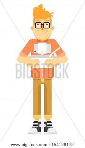 Man with holding radio remote controler vector illustration isolated on white background. Drone using with tablet or smartphone. Funny man with controler isolated. Man character vector illustration. Man with radio remote controler. Drone remote controler.