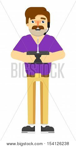 Man with holding radio remote controler vector illustration isolated on white background. Drone using with tablet or smartphone. Funny man with controler isolated. Man character vector illustration. Man with radio remote controler. Drone remote controler.