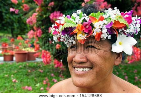 Portrait Of Polynesian Pacific Island Tahitian Mature Woman Aitutaki Lagoon Cook Islands