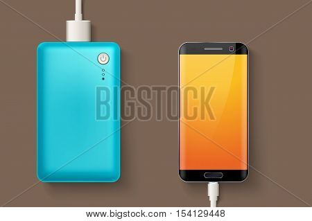 illustration of blue powerbank connected to smartphone by micro usb cable on brown background