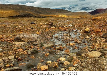 Stream from the melting of glaciers on the active volcano Mutnovsky.