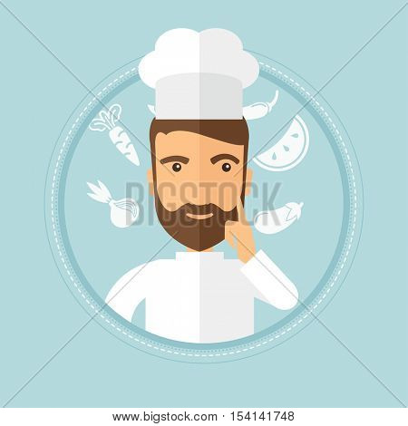 Caucasian hipster chief-cooker with beard pointing forefinger up. Chef in uniform thinking about the recipe. Chef having an idea. Vector flat design illustration in the circle isolated on background.