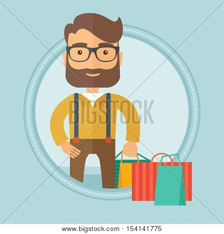 A hipster man with the beard holding shopping bags. Happy young man carrying shopping bags. Man with a lot of shopping bags. Vector flat design illustration in the circle isolated on background.