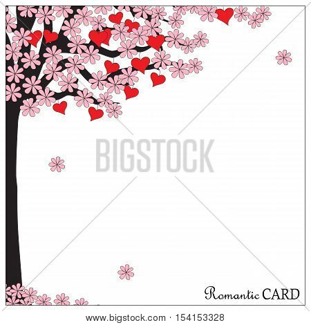 Hand drawn romantic card with spring tree of love and hearts and blossom in boho style. Image for valentine day wedding invitation card. eps 10.