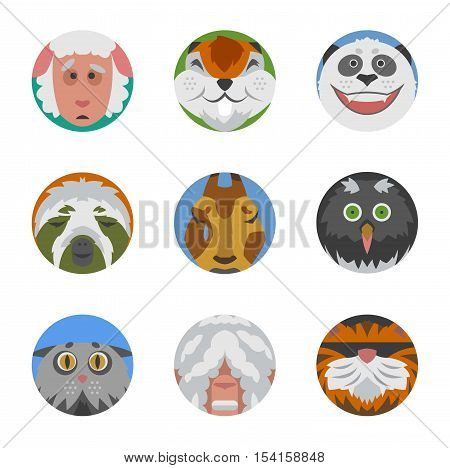 Cute animals emotions icons isolated fun set face. Happy character funny emoji set comic adorable pet. Animals emotions icons flat set expression smile collection. Wild avatar emoticon comic icons.