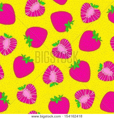 Strawberry seamless pattern. Bright pop art. Hand drawing. Vector illustration