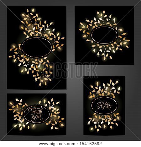 Collection of vintage cards with gold floral decoration on black background. Typographic template for your text. Can be used for wedding invitation Save The Date Valentine's Day birthday cards congratulations gift cards.