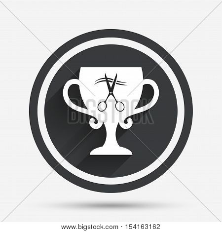 Scissors cut hair sign icon. Hairdresser or barbershop symbol. Winner award cup. Circle flat button with shadow and border. Vector