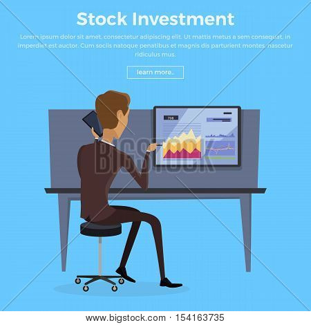 Modern online trading on stock exchange concept. Flat style design Monitoring of value indexes. Online trading technology. Brokerage trading on the web vector. Flat style design. Businessman at work.