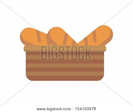 French bread in basket. Bread icon. Bakery logo. Bakery shop. Bakery basket. Fresh bread in flat design isolated on white background. Vector illustration.