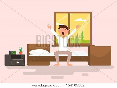 Man wakes up early in the morning. Flat vector illustration