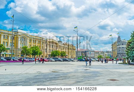 KHARKOV UKRAINE - MAY 20 2016: The Square of Constitution is the city center with historic architectural ensemble and notable landmarks on May 20 in Kharkov.