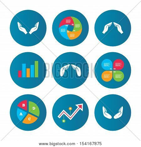 Business pie chart. Growth curve. Presentation buttons. Hands icons. Insurance protection signs. Human helping donation hands. Prayer meditation hands sybmols. Data analysis. Vector