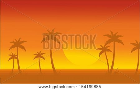 Silhouette of palm with big sun scenery vector