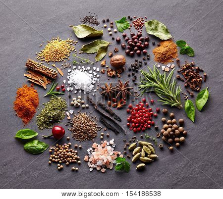 Herbs and spices on a black board