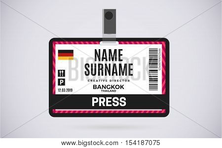 Event Press id card plastic badge with lanyard. vector design and text template illustration