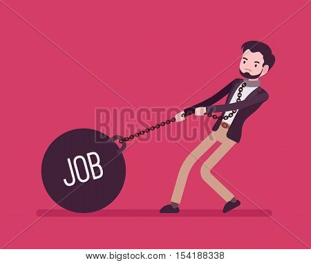 Businessman dragging a giant heavy weight on chain, written Job on a ball. Cartoon vector flat-style concept illustration