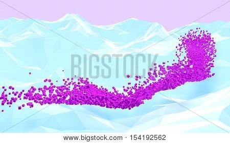 Pixel river. Abstract background with polygonal mountains and pink cubes flow. 3D illustration