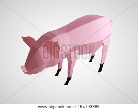 Origami pig. Polygonal pig side view. Geometric style pink pig with black hooves. 3D illustration