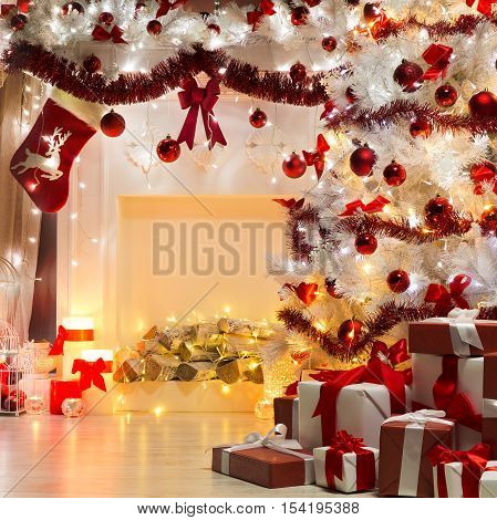 Christmas Tree Presents and Fireplace Decorated by Sock Balls Ribons Xmas Indoors Decoration