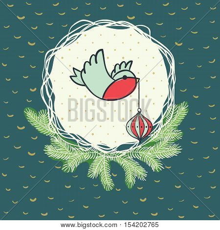 Christmas and New Year round frame with little bird holding tree decoration in beak symbol. Doodle illustration greeting card.