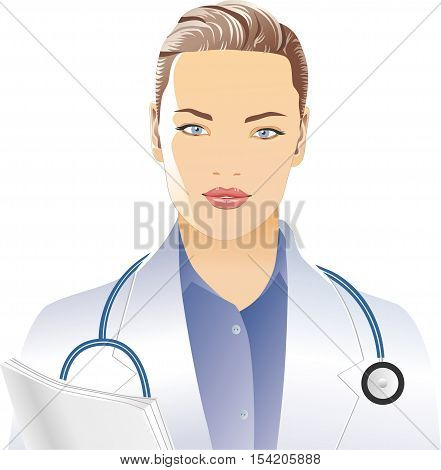 Female Doctor, portrait in medical coat with a stethoscope, isolated on white