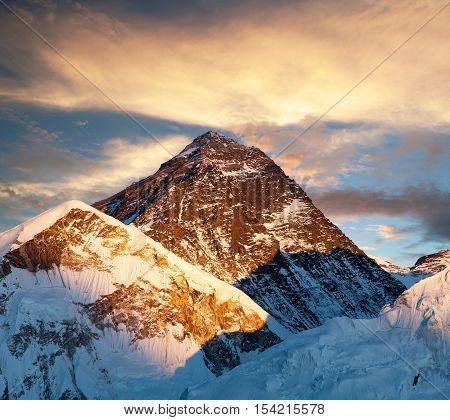 Evening colored view of Mount Everest from Kala Patthar Khumbu valley Solukhumbu Sagarmatha national park Nepal