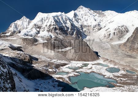 Beautiful panoramic view of Mount Cho Oyu and Cho Oyu base camp Gyazumba glacier - Sagarmatha national park Khumbu valley Nepal