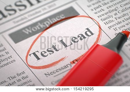 Test Lead. Newspaper with the Job Vacancy, Circled with a Red Marker. Blurred Image. Selective focus. Hiring Concept. 3D Render.