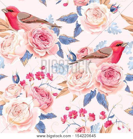 Vintage roses and birds vector seamless background