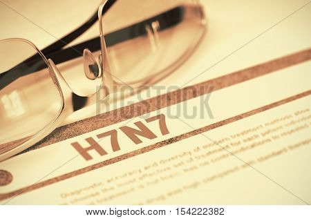 Diagnosis - H7N7 - Virus. Medical Concept on Red Background with Blurred Text and Eyeglasses. Selective Focus. 3D Rendering.