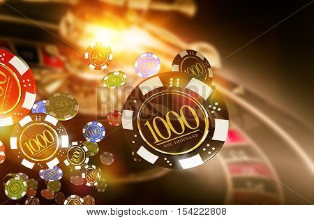 Golden Casino Roulette Chips Blow Concept 3D Render Illustration. Gambling Theme.