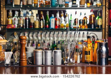 Bartender tools on bar at the night club
