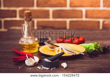Cutlery For Meat, Vegetables, Spices And Olive Oil. Horizontal.