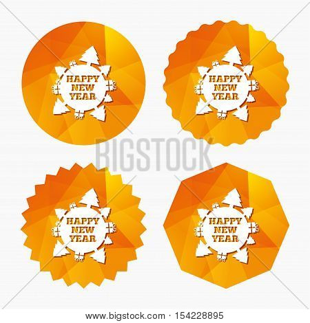 Happy new year globe sign icon. Gifts and trees symbol. Full rotation 360. Triangular low poly buttons with flat icon. Vector
