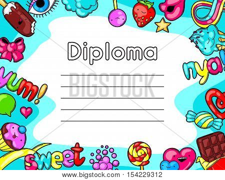 Kawaii diploma with sweets and candies. Crazy sweet-stuff in cartoon style.