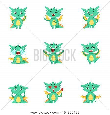 Little Dragon Cute Emoji Set. Cute Detailed Stickers With Childish Fantastic Animal In Funny Situations.