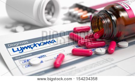 Lymphoma Inscription in Medical History. Close Up View of Medicine Concept. Lymphoma - Handwritten Diagnosis in the Anamnesis. Medicine Concept with Heap of Pills, CloseUp View, Selective Focus. 3D.